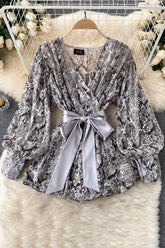 V-Neck Long Sleeve Snake Print Bow Strappy Top