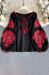 Retro Tassel Strappy Embroidery Long Sleeve Top