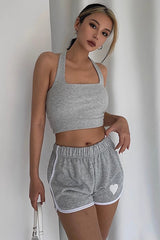 Rib-Knit Solid Heart Print Sport Shorts