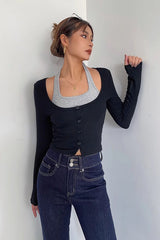 Long Sleeve Fake Two Tank Tops Fitted Basic Cami Tee Shirts