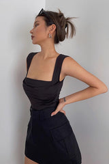 Pleated Scoop Neck Crop Tank Tops