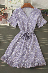 V-Neck Lace Short Sleeve Buttons Strappy Mini Dress