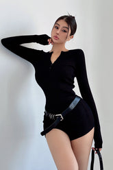 Knit Long Sleeve Buttons V-Neck Tops Shorts Set Two-Piece