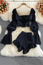 Long Sleeve Crop Top Shorts Set Two-Piece