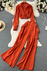 Long Sleeve Crop Tops Pants Trousers Set Two-Piece
