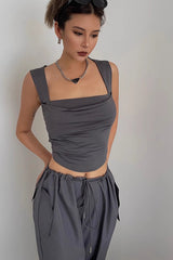 Pleated Scoop Neck Crop Tank Tops