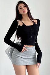 Buttons Knit Lace Long Sleeve Tops