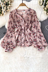 V-Neck Long Sleeve Ruffle Buttons Top