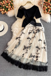 Gauze Short Sleeve Crop Top Embroidery Skirt Set Two-Piece