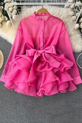 Lace Bow Strappy Long Sleeve Mini Dress