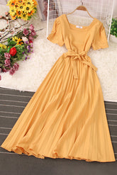 Short Sleeve Strappy Pleated Maxi Dress