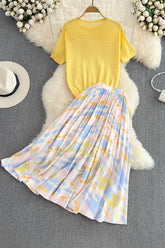 Hollow Knit Tops Pleated Skirt Set Two-Piece