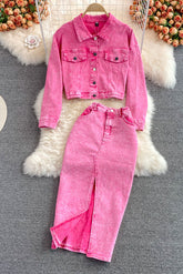 Denim Cardigan Jacket Coat Skirt Set Two-Piece