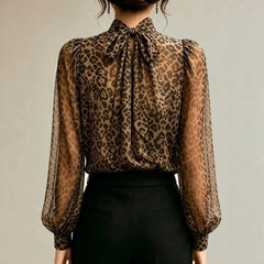 Leopard Print Semi Turtleneck Lantern Long Sleeve Blouse