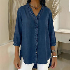 Ruffled V-Neck Three-Quarter Sleeve Blouse