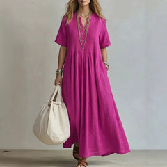 Solid Color V-Neck Pleated Loose Cotton Linen Maxi Casual Dress