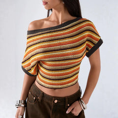 Retro Stripe Off‑Shoulder Cropped Knit Top