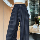 Elegant Black Pinstripe Wide Leg Pants, Belted Elastic Waist Office Casual Trousers
