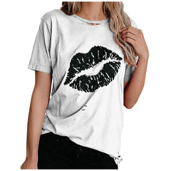 Crew Neck Hollow Out Lip Print Straight Cut Cotton Blend Short Sleeve Commuter Casual Pullover T-shirt