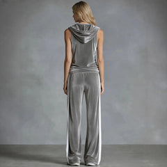 Velvet Sleeveless Hoodie and Wide Leg Pants 2 Piece Set