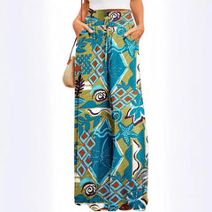Boho Geometric Leaf Print Drawstring High Waist Non-Stretch Chiffon Loose Wide Leg Long Casual Pants
