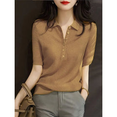 Knit Polo Shirt, Short Sleeve Button Down Casual Blouse