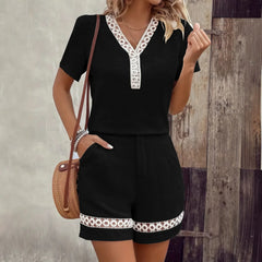 Lace Hollow Out V-Neck Top & Shorts Two-Piece Set