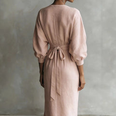 Wrap V Neck Long Sleeve Tie Waist Linen Maxi Dress