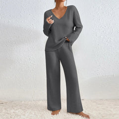 Ribbed Knit V Neck Long Sleeve Top and Wide Leg Pants 2 Piece Loungewear Set