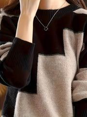 Crew Neck Argyle Color Block Knit Sweater