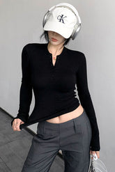 Buttons Neck Long Sleeve Top Tee