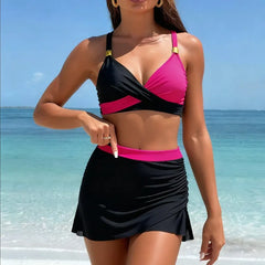 Color Block Cross Wrap Bikini with Mesh Skirt Swimwear Set