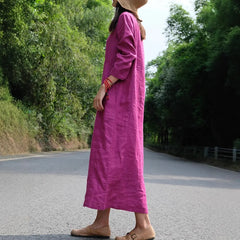 Loose Cotton Linen Round Neck Long Sleeve Maxi Dress Casual Pocket Campus Daily Commuter Dress