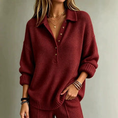 Polo Collar Henley Knit Top, Relaxed Fit Half Placket Cozy Thick Knit Fall Sweater