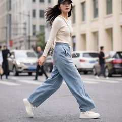 High Waist Drawstring Straight Leg Tencel Jeans