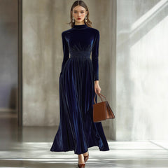 Velvet High Neck Ruched Waist Long Sleeve Maxi Dress Elegant Formal Evening Gown