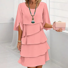 Round Neck Split Sleeve Tiered Ruffle Midi Dress