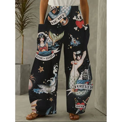 Printed Flare Work Pants | Mid Waist Doodle Heart Print Loose Wide Leg Casual Trousers