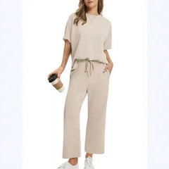 Solid Crew Neck Short Sleeve Top & Elastic Waist Wide Leg Pants
