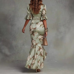 Deep V Neck Flare Short Sleeve Floral Print High Waist Slim Midi Mermaid Dress