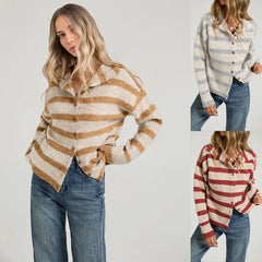 Casual Striped Collared Knit Cardigan Long Sleeve Button Front Sweater for Women