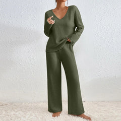 Ribbed Knit V Neck Long Sleeve Top and Wide Leg Pants 2 Piece Loungewear Set