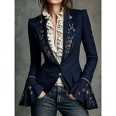 Vintage Floral Embroidery Blazer for Navy Slim Fit Flared Cuff Long Sleeve Lapel Dressy Jacket Coat