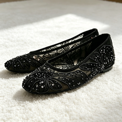 Romantic Sheer Mesh Beaded Ballet Flats, Retro Floral Embroidery Dressy Flat Shoes