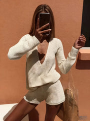Solid V Neck Knit Long Sleeve Top & Shorts Two Piece Set