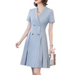 Navy Blue V-Neck Short-Sleeve Blazer Midi Dress