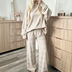 Casual Striped Matching Two Piece Set, Cozy Mock Neck Sweatshirt and Wide Leg Trousers