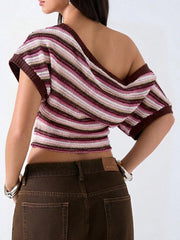 Retro Stripe Off‑Shoulder Cropped Knit Top