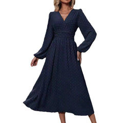 Deep V Neck Swiss Dot Midi Dress, Long Puff Sleeve Empire Waist Chiffon Party Dress