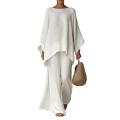 White Linen-Blend Oversized Top & Wide-Leg Pants Set